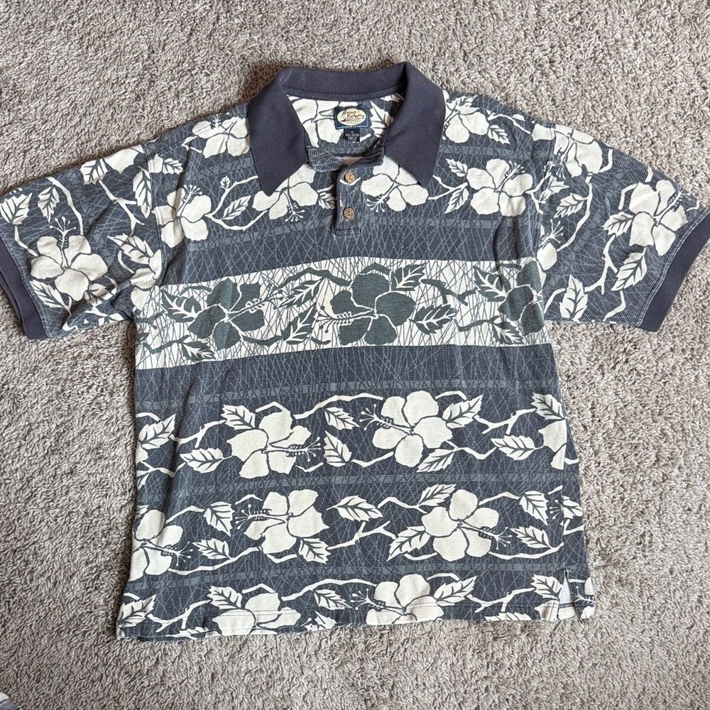Vintage Tommy Bahama Men's Polo - Navy and Cream Floral